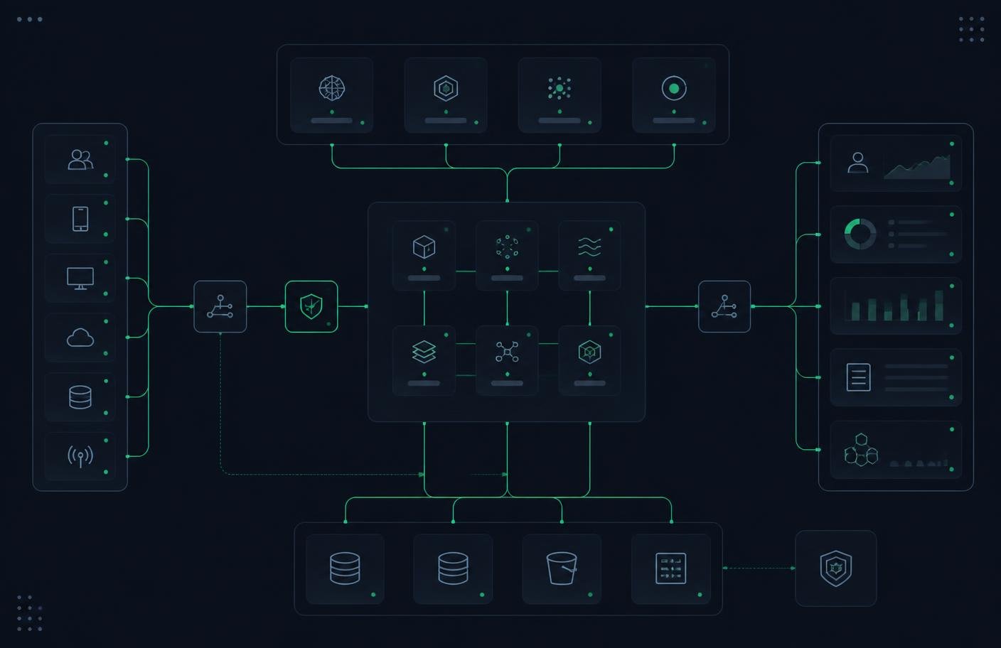 Custom software architecture being designed, with services, data flows and interfaces